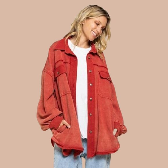 POL Red French Terry Oversized Shacket with Raw Seems - Picture 1 of 5
